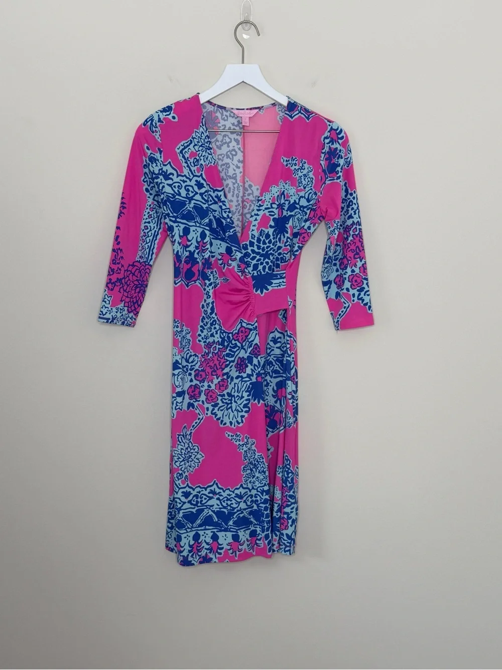 Lilly Pulitzer Pop Pink On The Square Yvette Dress Faux Wrap 3/4 Sleeve Size S - Picture 2 of 11